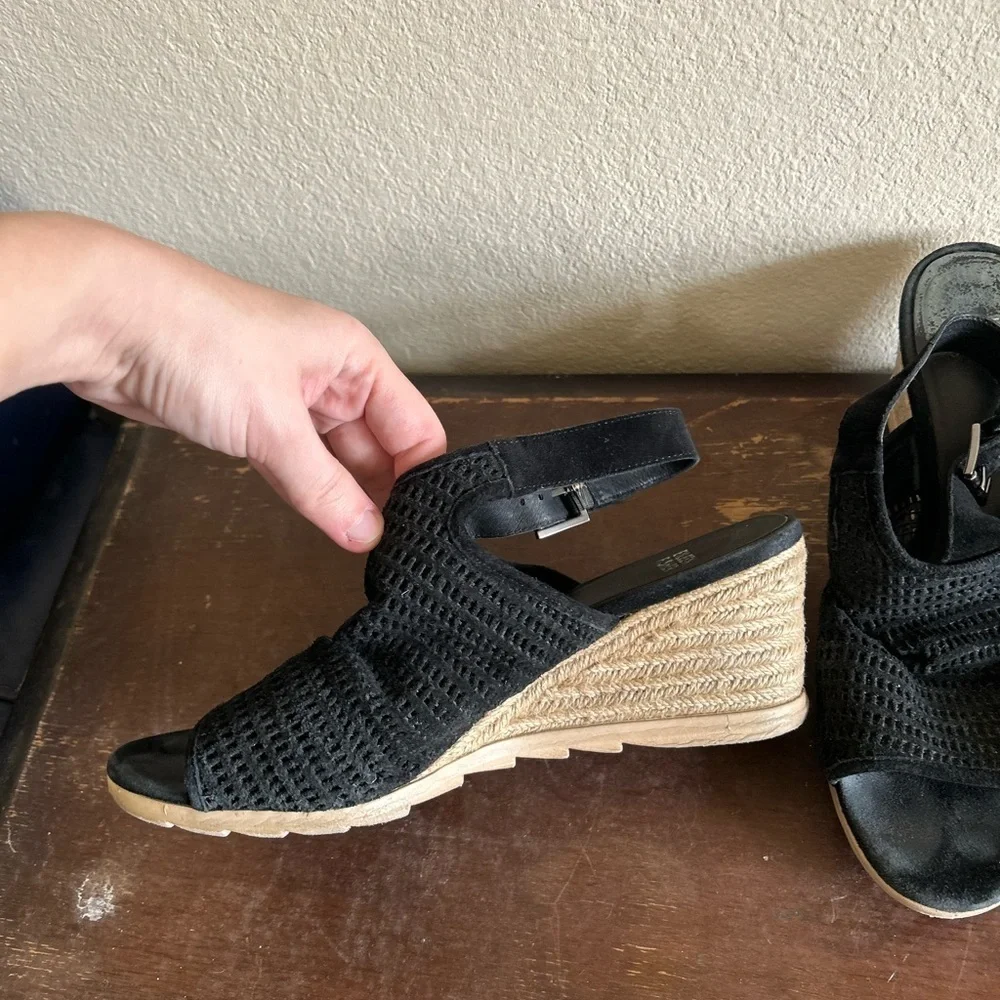 Eileen Fisher Women's Aura Slingback Espadrille Wedge Black Leather Twine Sz 9.5